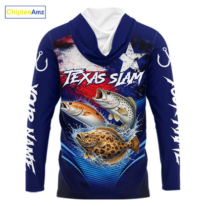 Texas Slam Redfish, Trout, Flounder Custom Fishing Shirts Long Sleeve Hooded, Texas Flag Fishing Shirt NHT505