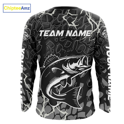 Custom Bass Fishing Black Camo Long Sleeve Fishing Shirts, Personalized Bass Fishing Jerseys NHT507