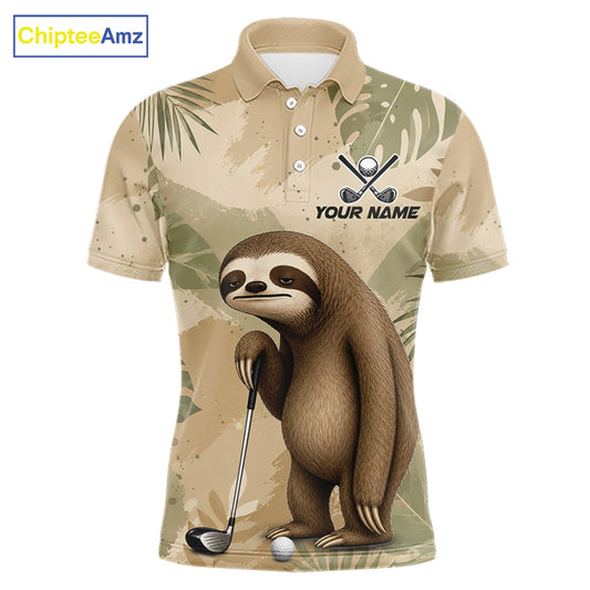 A short-sleeve polo shirt with a beige and green tropical leaf pattern, featuring a large cartoon sloth holding a golf club on the front, with a customizable name print and crossed golf clubs graphic. The ChipteeAmz logo is visible in the top-left corner.