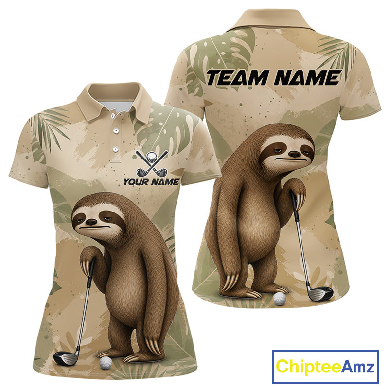 Custom short-sleeve polo shirt shown from front and back on a white background. The shirt features a desert camouflage pattern with a cartoon sloth holding a golf club, a golf ball, and customizable text areas reading 'TEAM NAME' and 'YOUR NAME'.