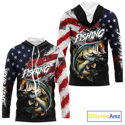 American Flag Bass Hooded Fishing Shirt For Men, Personalized Largemouth Bass Fishing Apparel