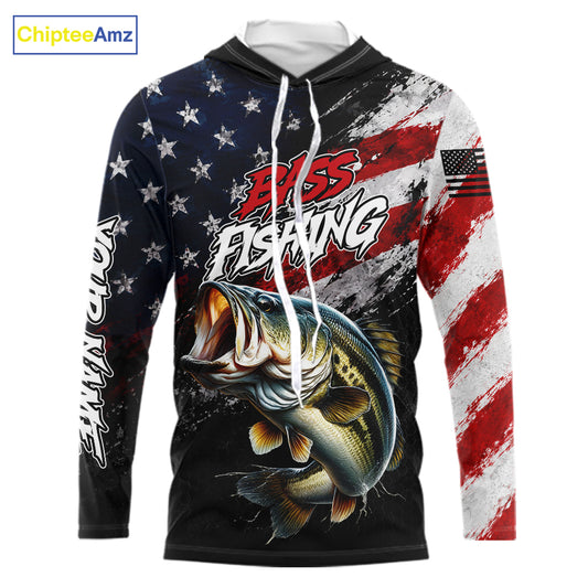 American Flag Bass Hooded Fishing Shirt For Men, Personalized Largemouth Bass Fishing Apparel