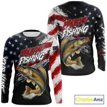 American Flag Walleye Fishing Shirt For Men, Personalized Walleye Fishing Apparel