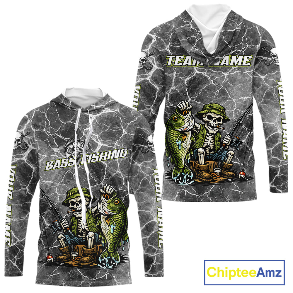 Custom Camo Gray Fish Reaper Skull Bass Hooded Long Sleeve Fishing Shirt, Bass Hunter Fishing Jerseys NHT678