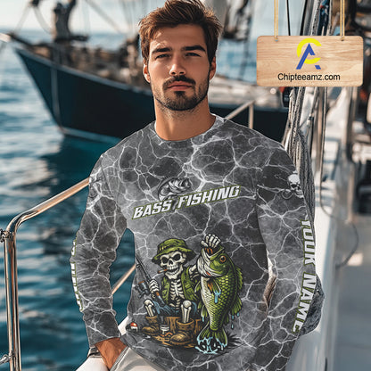 Custom Camo Gray Fish Reaper Skull Bass Long Sleeve Fishing Shirt, Bass Hunter Fishing Jerseys NHT678