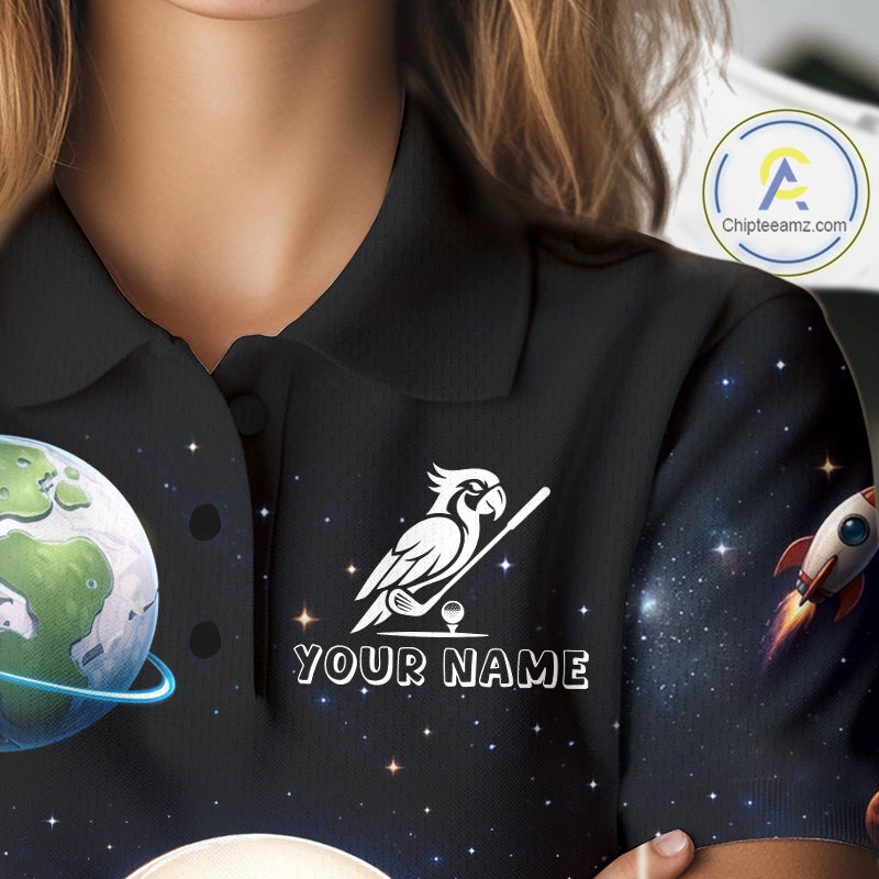 Personalized Astronaut Parrot Womens Golf Polo Shirt – Cute Space Bird Golf Shirt, Custom Team Name NHT1187