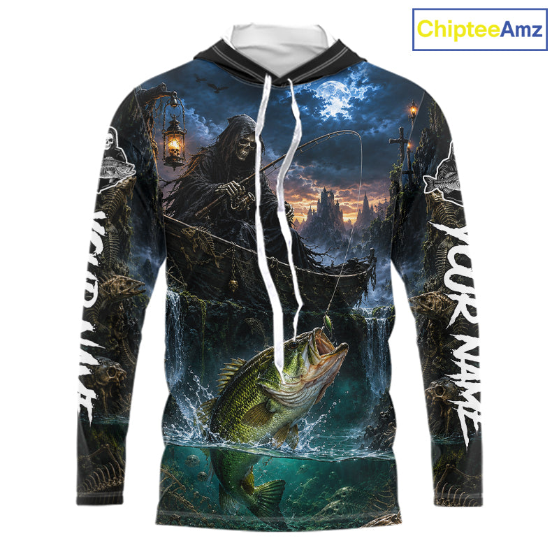 Grim Reaper Fishing Jersey, Largemouth Bass Long Sleeve Hooded UV Performance Shirt For Men 