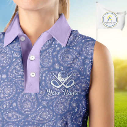 Custom Lavender Paisley Golf Polo For Women, Personalized Womens Sleeveless Golf Shirt With Name For Mother's Day NHT695