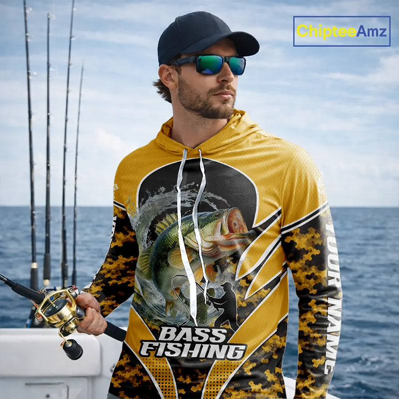 Personalized Bass Fishing Shirts Long Sleeve Hooded, UV Protection Shirt Customize Name | Yellow NHT396