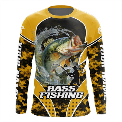 Personalized Bass Fishing Shirts Long Sleeve, UV Protection Shirt Customize Name Fishing | Yellow NHT396