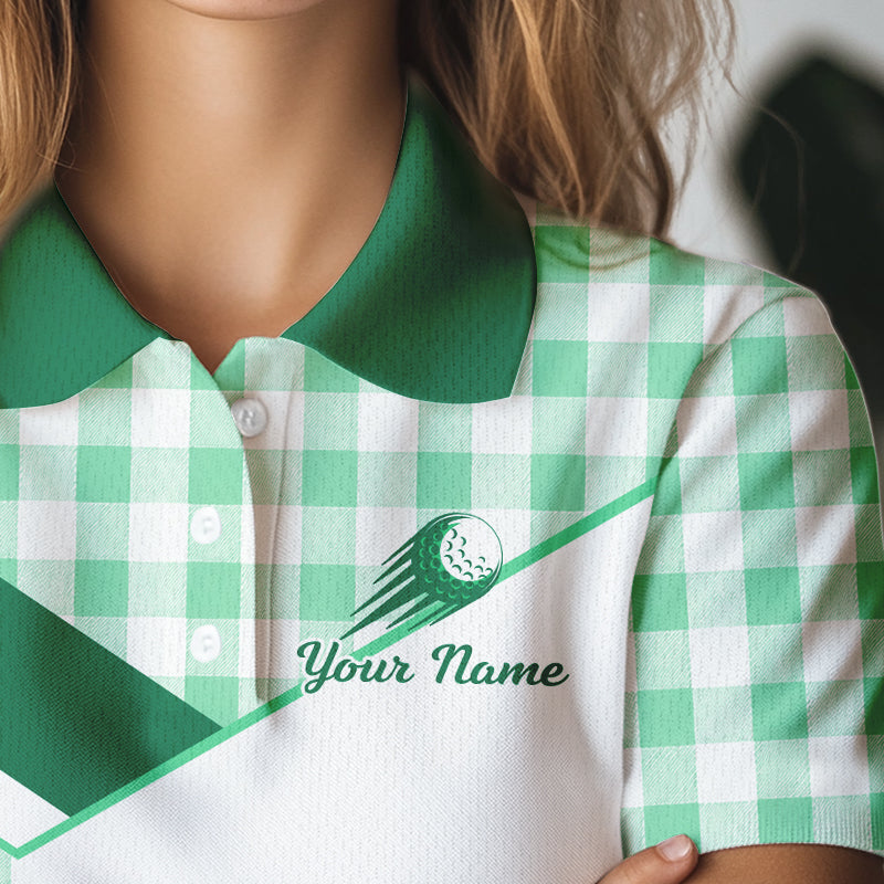 Custom Women’s Green Gingham Plaid Golf Polo Shirts– Personalized Ladies Golf Apparel NHT716