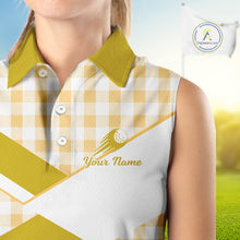 Load image into Gallery viewer, Custom Womens Sleeveless Yellow Gingham Plaid Golf Polo Shirts– Personalized Ladies Golf Apparel NHT717