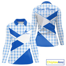Load image into Gallery viewer, Custom Women’s Blue Gingham Plaid Golf Polo Shirts– Personalized Ladies Golf Apparel NHT718