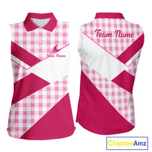 Load image into Gallery viewer, Custom Womens Sleeveless Pink Gingham Plaid Golf Polo Shirts– Personalized Ladies Golf Apparel NHT719