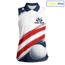 Load image into Gallery viewer, Custom USA Flag Womens Sleeveless Golf Polo Shirt – Patriotic Golf Polo With Personalized Name 