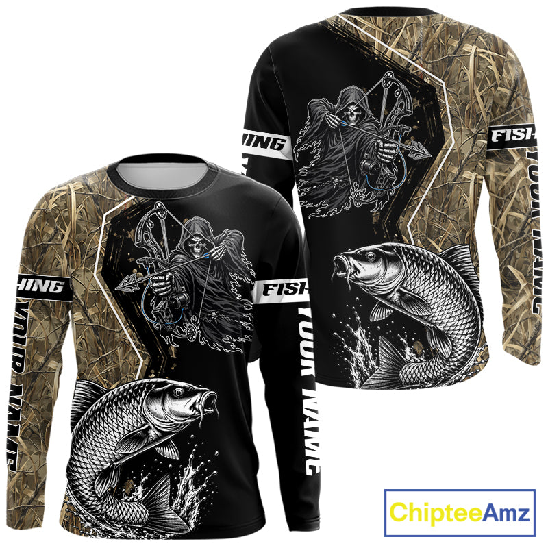 Bowfishing Shirt With Grim Reaper & Carp Fish Camo Design, Fishing Shirts Long Sleeve For Men NHT1371
