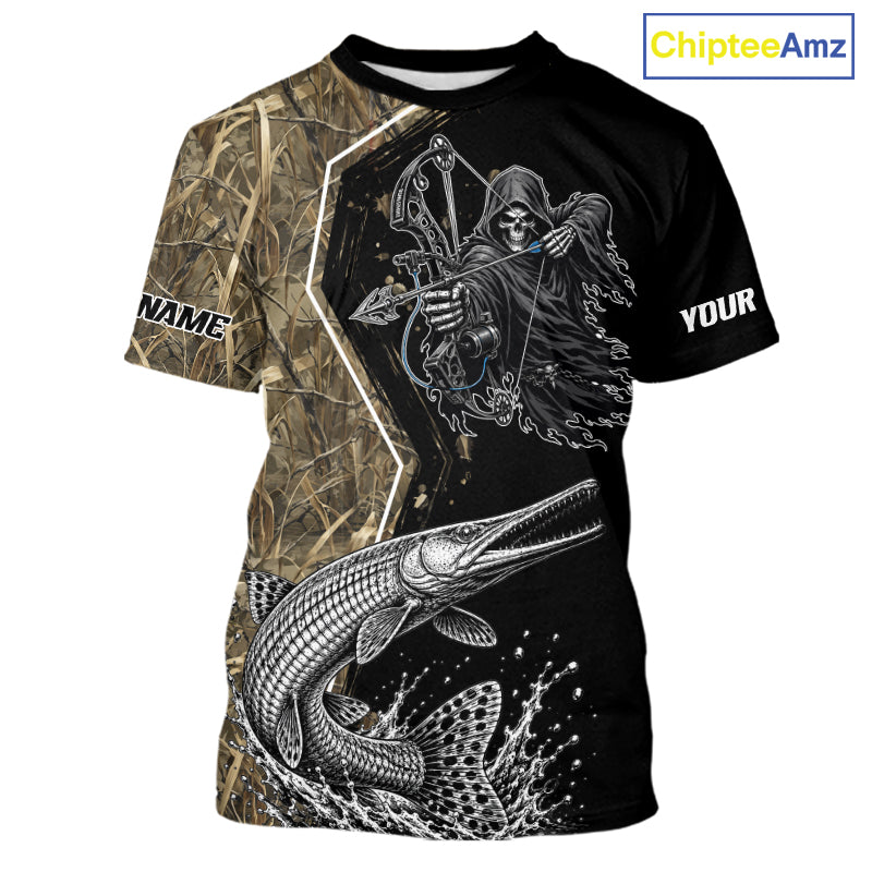 Bowfishing Shirt With Grim Reaper & Alligator Gar Fish Camo Design, Fishing Shirts Short Sleeve For Men NHT1372