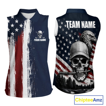 Personalized Skull Eagle Womens Sleeveless Golf Polo Shirt American Flag Patriotic Golf Shirt Custom Name 