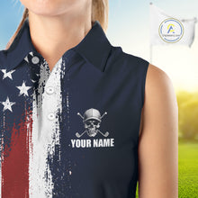 Load image into Gallery viewer, Personalized Skull Eagle Womens Sleeveless Golf Polo Shirt American Flag Patriotic Golf Shirt Custom Name 