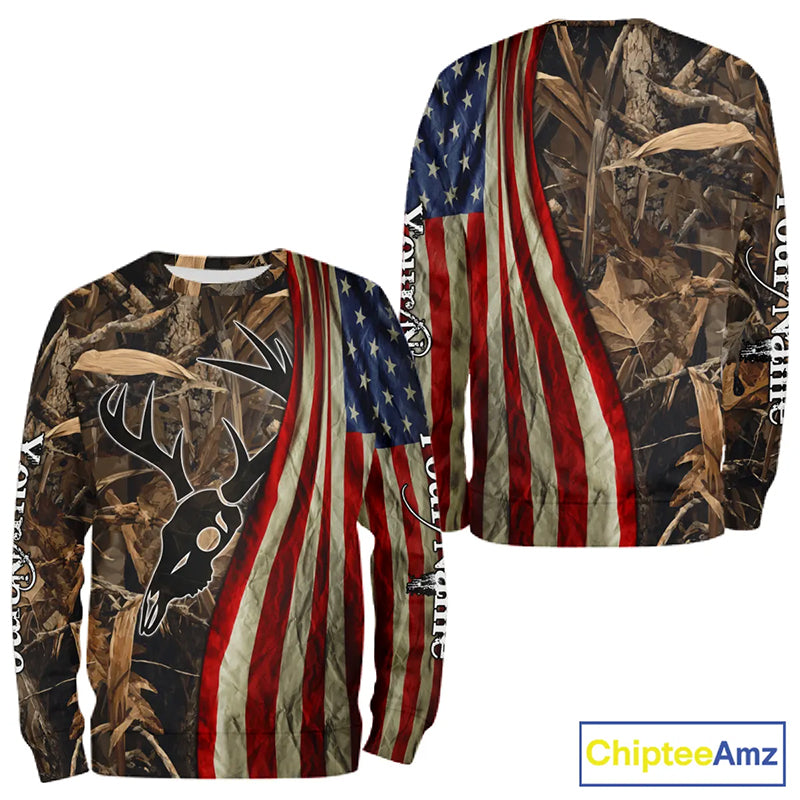 Skull Deer Hunting Shirt-Personalized US Flag Camouflage, Best Hunting Hoodie For Hunter NHT364