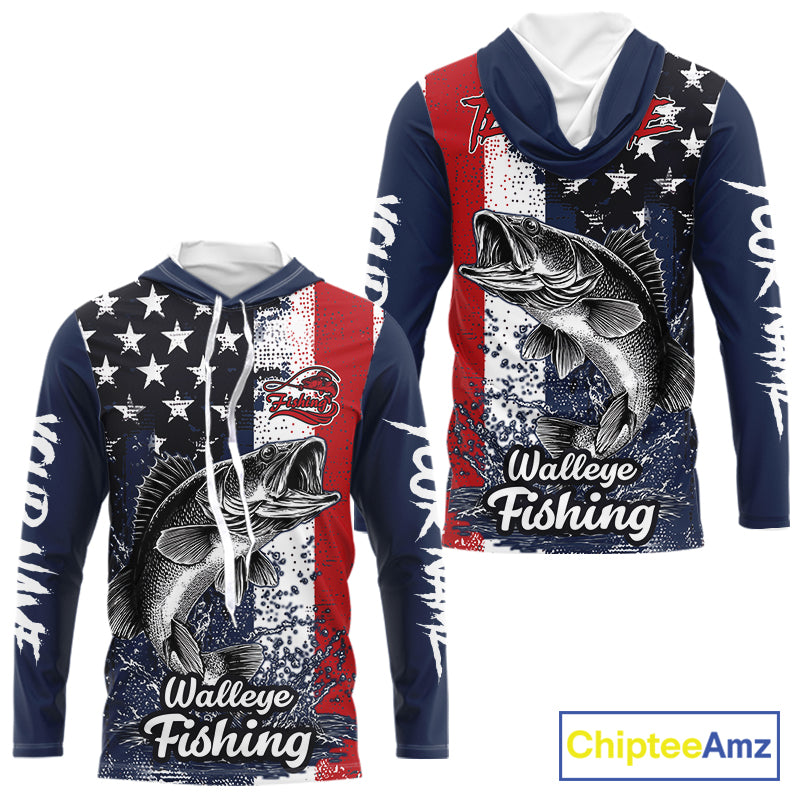Walleye Custom US Flag Hooded Long Sleeve Shirt, Men's Fishing Shirt NHT412