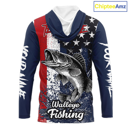 Walleye Custom US Flag Hooded Long Sleeve Shirt, Men's Fishing Shirt NHT412