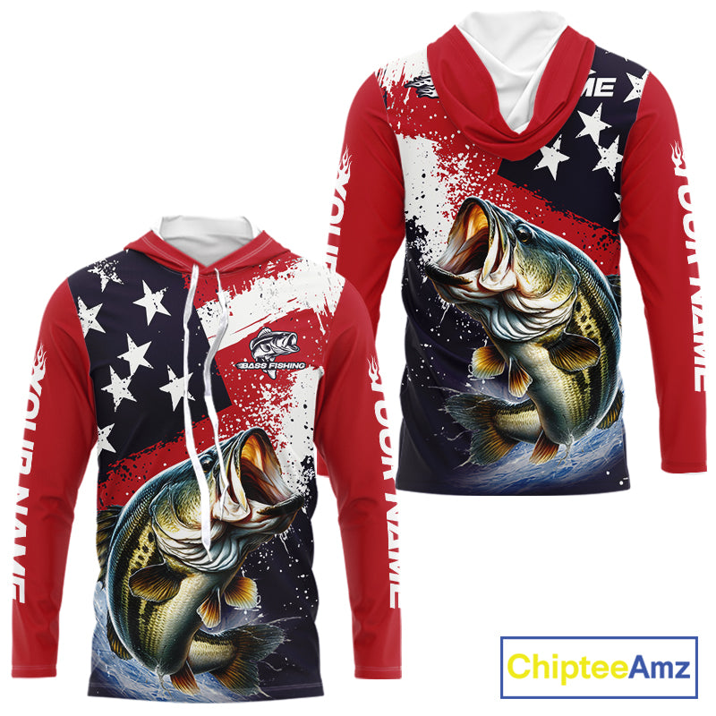 Personalized Bass Fishing Jerseys, Custom American Flag Bass Fishing Shirts Long Sleeve NHT414