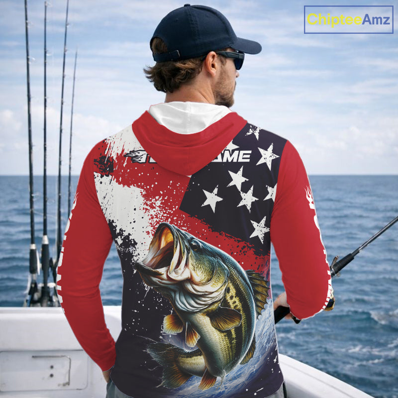 Personalized Bass Fishing Jerseys, Custom American Flag Bass Fishing Shirts Long Sleeve NHT414