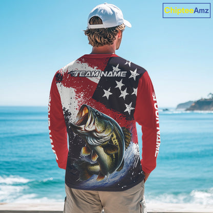 Personalized Bass Fishing Jerseys, Custom American Flag Bass Fishing Shirts Long Sleeve NHT414