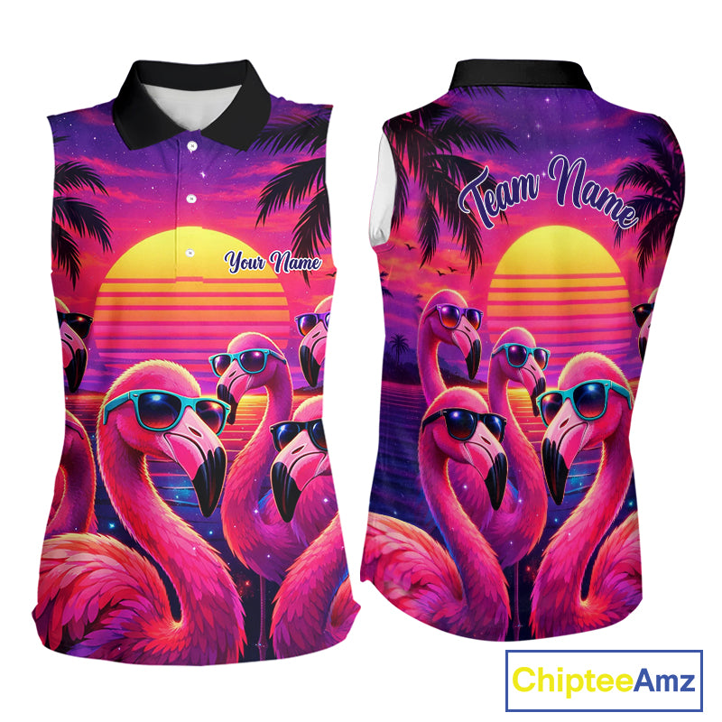 Custom Neon Flamingo Paradise Womens Sleeveless Golf Shirt Polo, Cool Flamingo Golf Team Outfits NHT548