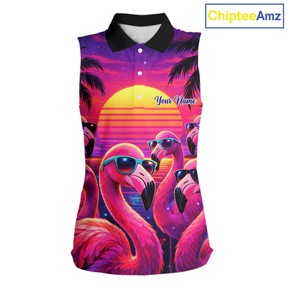 Custom Neon Flamingo Paradise Womens Sleeveless Golf Shirt Polo, Cool Flamingo Golf Team Outfits NHT548