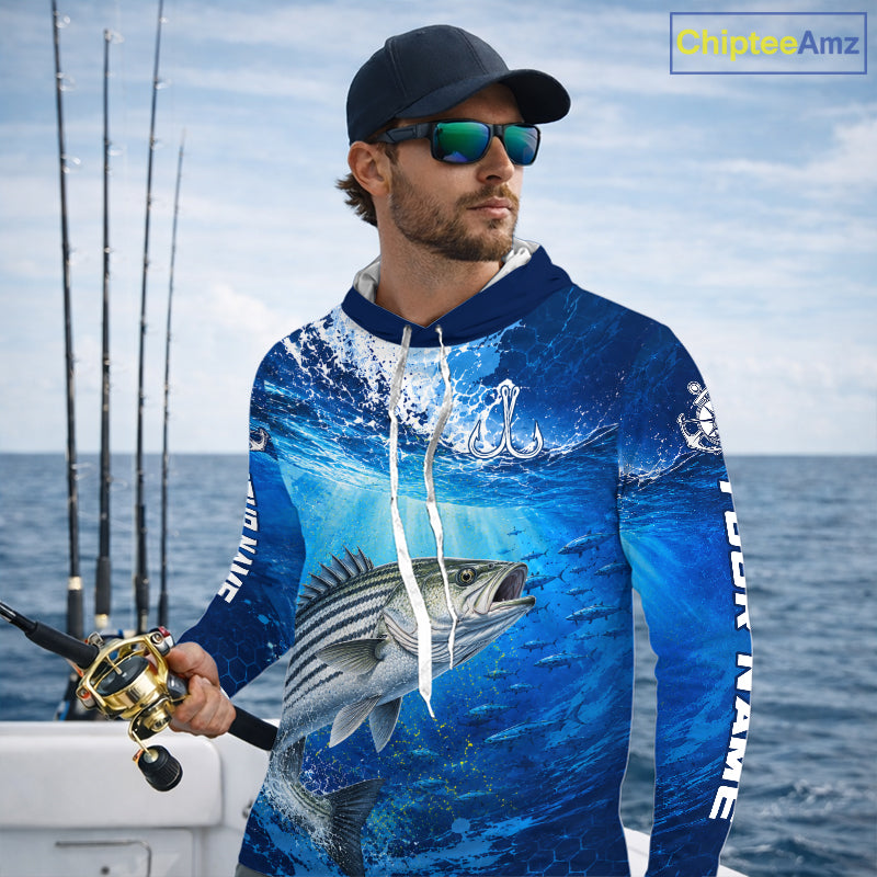 Striped Bass Fishing Jersey Ocean Blue 3D All Over Print Long Sleeve Hooded Performance Shirt NHT1084