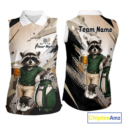 Custom Beige Funny Raccoon Golf Team Shirt For Womens, Womens Sleeveless Golf Jersey Polo Shirt Outfit NHT937
