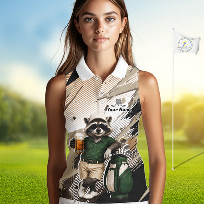 Custom Beige Funny Raccoon Golf Team Shirt For Womens, Womens Sleeveless Golf Jersey Polo Shirt Outfit NHT937