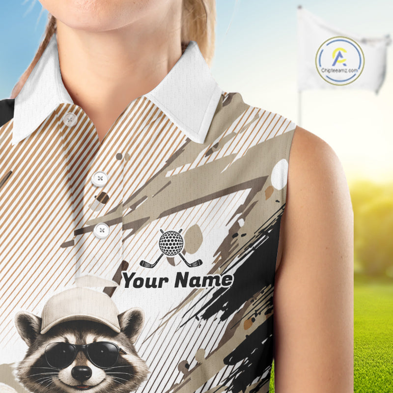 Custom Beige Funny Raccoon Golf Team Shirt For Womens, Womens Sleeveless Golf Jersey Polo Shirt Outfit NHT937