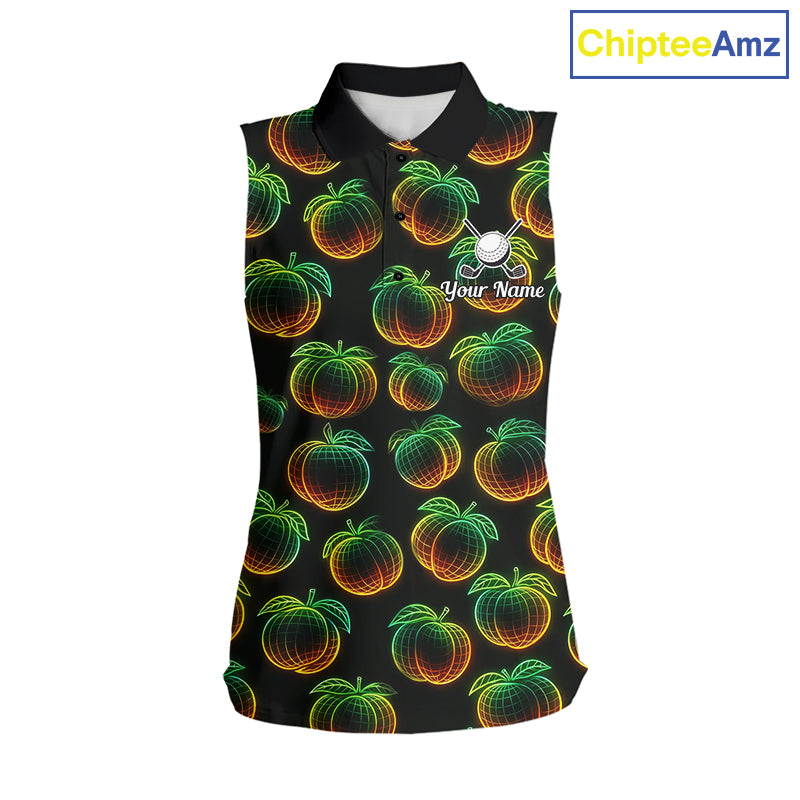 Funny Neon Colorful Peach In Dark Womens Sleeveless Golf Polo Shirt,  Funny Fruit Pattern Polo Top NHT578