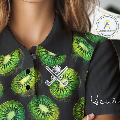 Funny Colorful Kiwi In Dark Golf Women's Polo Shirt,  Funny Fruit Pattern Polo Top NHT579