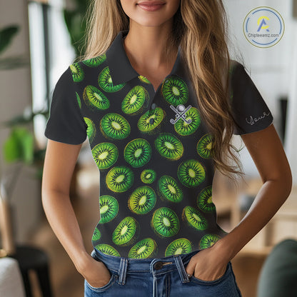Funny Colorful Kiwi In Dark Golf Women's Polo Shirt,  Funny Fruit Pattern Polo Top NHT579