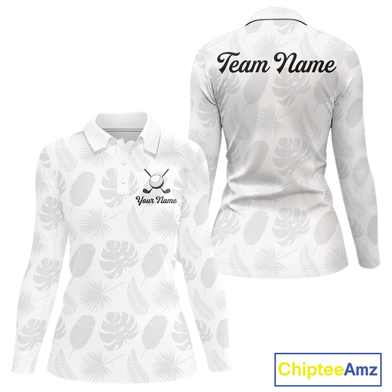 Womens Golf Polo Shirts Custom Gray Tropical Leaves Golf Shirts, Best Mens Golf Wears NHT783