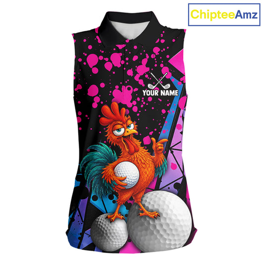 A sleeveless black polo shirt with a colorful cartoon rooster holding golf balls, pink and blue paint splatter graphics, and a customizable name print on the chest. The brand name 'ChipteeAmz' is shown in a blue box in the top right corner.