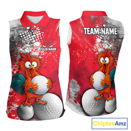 Front and back views of a sleeveless red polo shirt with a cartoon rooster holding golf balls, white golf balls, and paint splatter graphics. The front has a small customizable logo area with golf clubs and the text 'YOUR LOGO', and the back has 'TEAM:NAME' text.