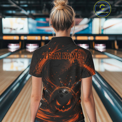 Personalized Halloween Bowling 1/4 Zip Polo Shirt For Women - Scary Pumpkin Team Name Jersey NHT1274