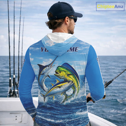 Personalized Mahi Mahi, Marlin, Tuna Blue Performance Fishing Shirt, Hooded Saltwater Tournament Shirts NHT600