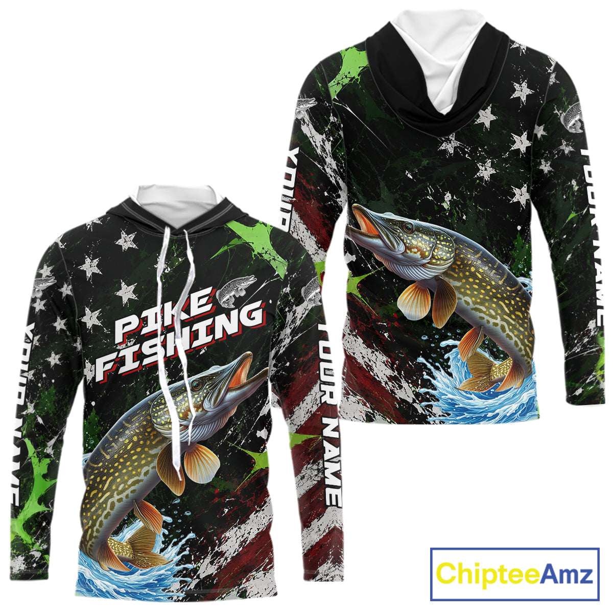 Best Pike Fishing Shirt Long Sleeve Hooded American Flag Patriotic Custom Name