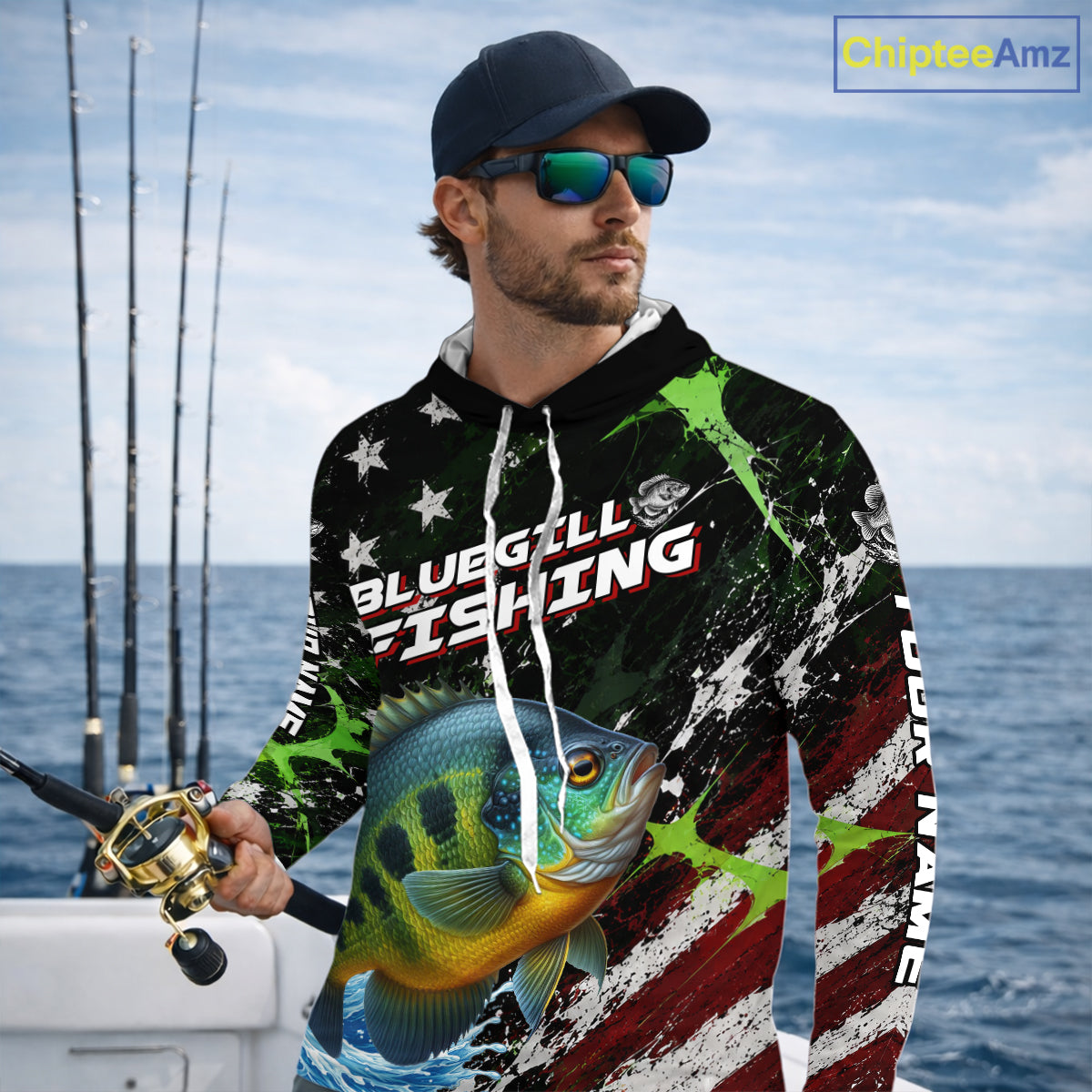Best Bluegill Fishing Shirts Long Sleeve Hooded American Flag Patriotic Custom Name Fishing Jersey NHT968