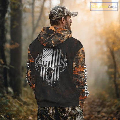 Hunting Shirt with Running Deer Design US Flag - Orange Camo Custom Name 3D Print NHT329