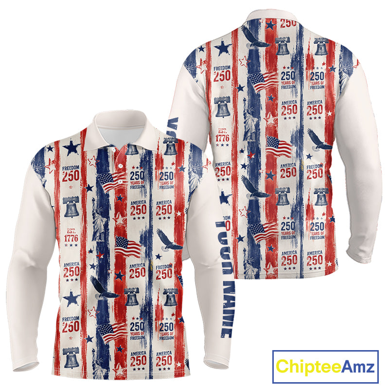 White shirt with American flag and Liberty Bell pattern, featuring ChipteeAmz branding.
