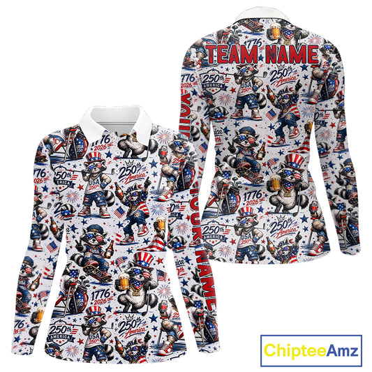 Funny Patriotic Raccoon Personalized Women's Golf Polo Shirt- America 250 Years Golf Gift
