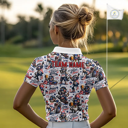 Funny Patriotic Raccoon Personalized Women's Golf Polo Shirt- America 250 Years Golf Gift