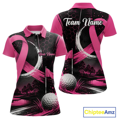 A women's short-sleeve polo shirt shown from the front and back on a white background. The shirt features a black base with bright pink sleeves, collar, and graphic accents, including a golf ball, flag, trees, and large pink ribbon motifs.